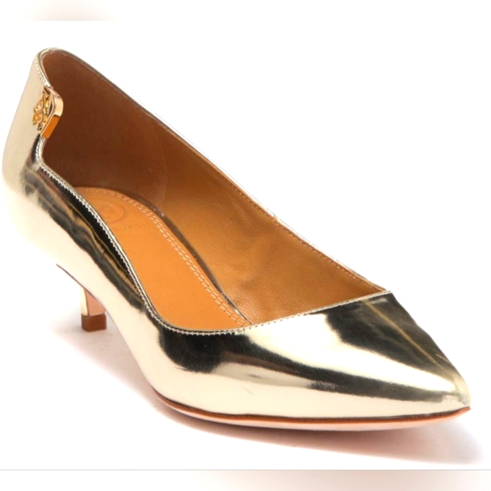Tory Burch Elizabeth Metallic Leather Kitten Heel Pump Gold
